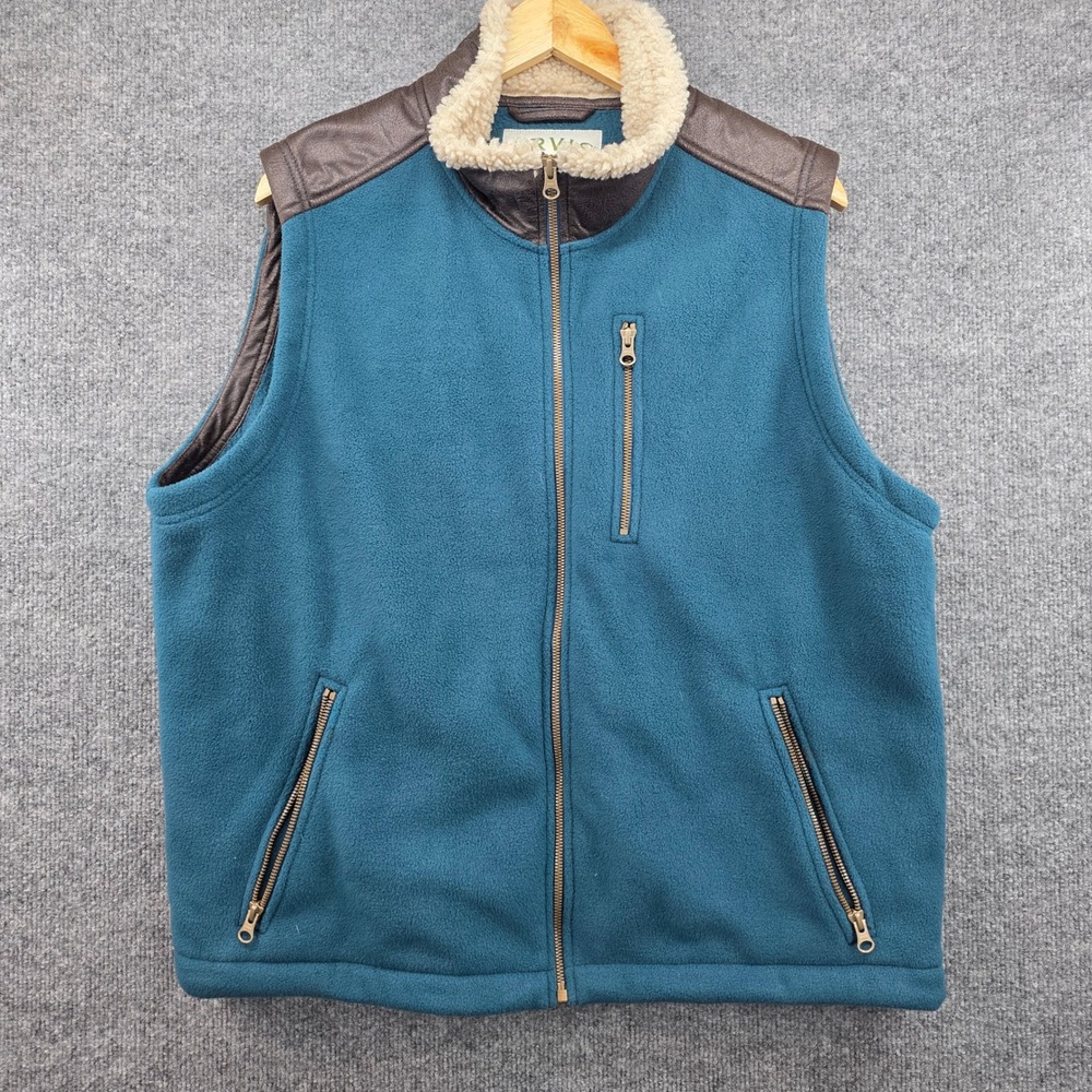 Orvis Mens Fleece‎ Vest Teal Blue Brown Leather Trim Shearling Collar Large L